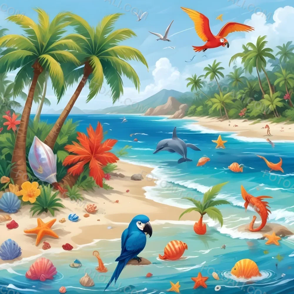 A Tropical Beach Scene With Palm Trees A Monkey Colorful Birds Dolphins And Various Sea Creatures On The Shore Featuring A Snowy Mountain In The Background With Clear Blue Skies And A Play 5 Fd00
