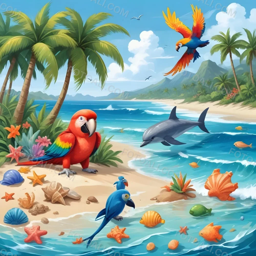 A Tropical Beach Scene With Palm Trees A Monkey Colorful Birds Dolphins And Various Sea Creatures On The Shore Featuring A Snowy Mountain In The Background With Clear Blue Skies And A Play 9 30a5