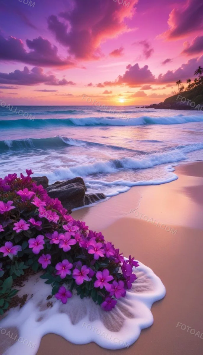 A Tropical Beach With Vibrant Purple Flowers In The Foreground Turquoise Blue Ocean Waves And A Colorful Sunset Sky With Pink And Purple Clouds 1 8eba