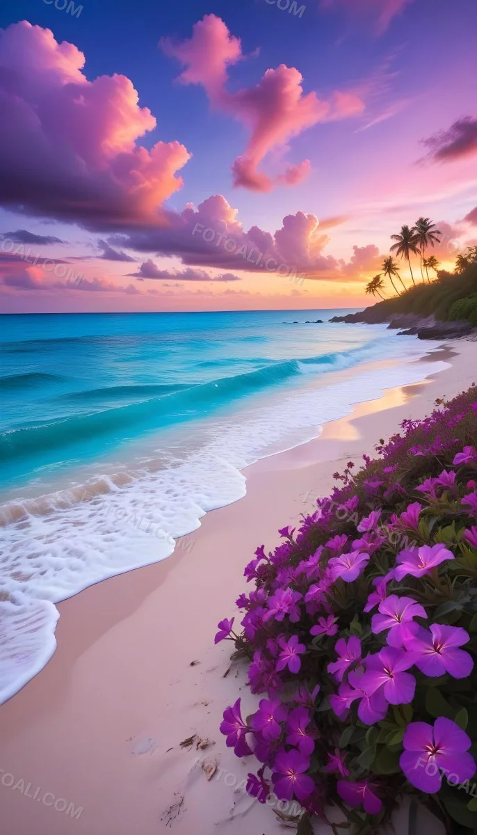 A Tropical Beach With Vibrant Purple Flowers In The Foreground Turquoise Blue Ocean Waves And A Colorful Sunset Sky With Pink And Purple Clouds 10 4d14