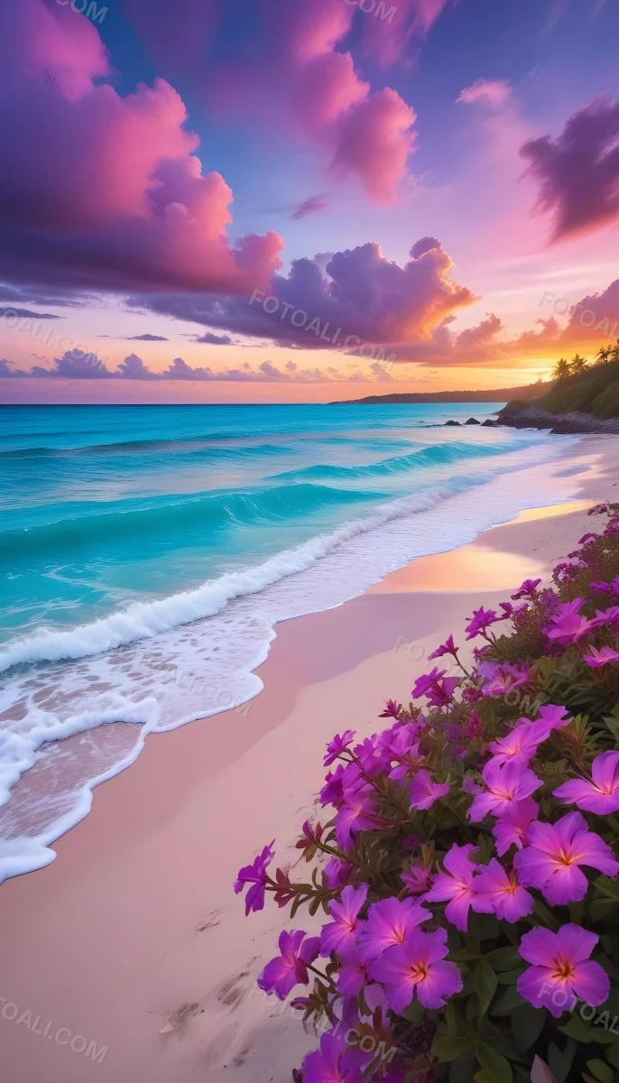 A Tropical Beach With Vibrant Purple Flowers In The Foreground Turquoise Blue Ocean Waves And A Colorful Sunset Sky With Pink And Purple Clouds 2 58f9