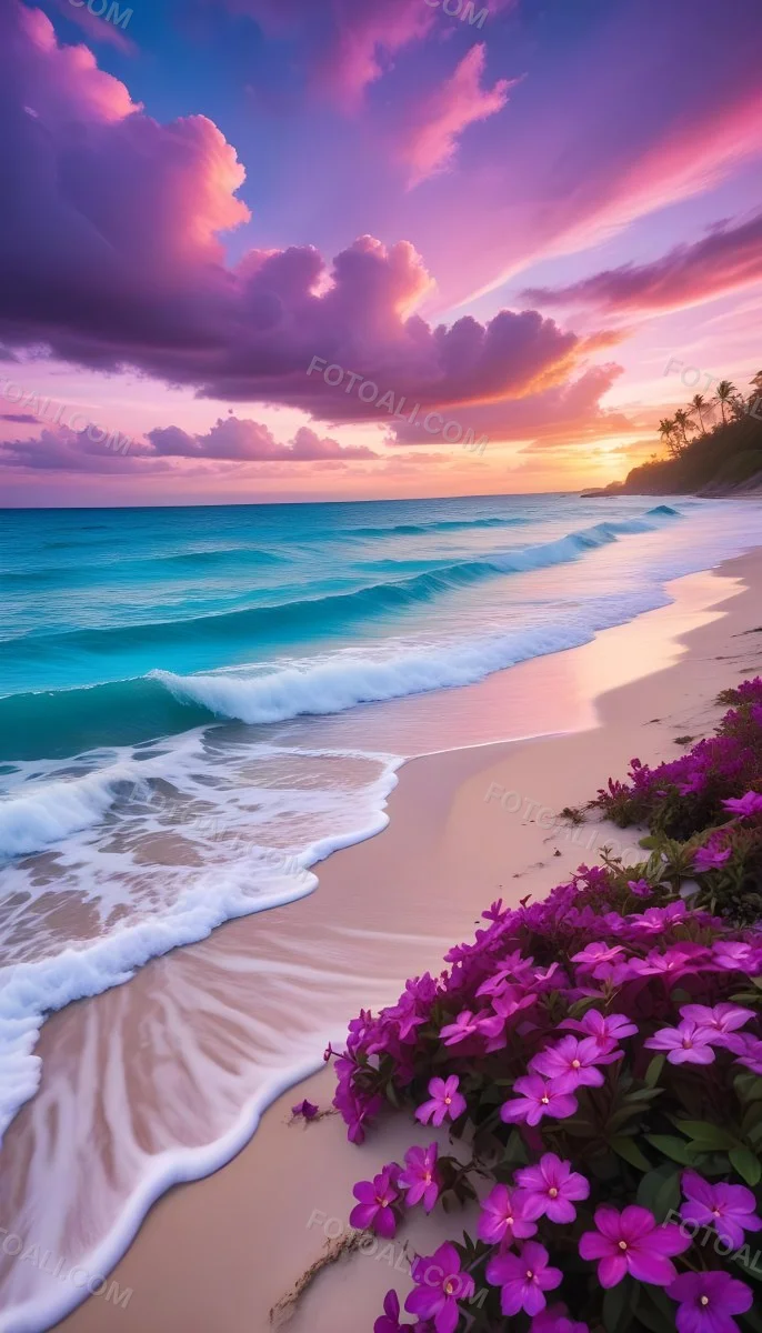 A Tropical Beach With Vibrant Purple Flowers In The Foreground Turquoise Blue Ocean Waves And A Colorful Sunset Sky With Pink And Purple Clouds 5 B45c
