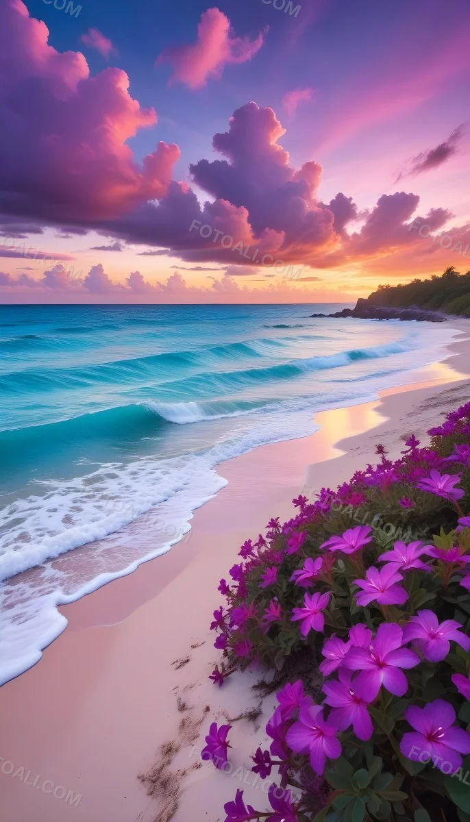 A Tropical Beach With Vibrant Purple Flowers In The Foreground Turquoise Blue Ocean Waves And A Colorful Sunset Sky With Pink And Purple Clouds 6 3ff7