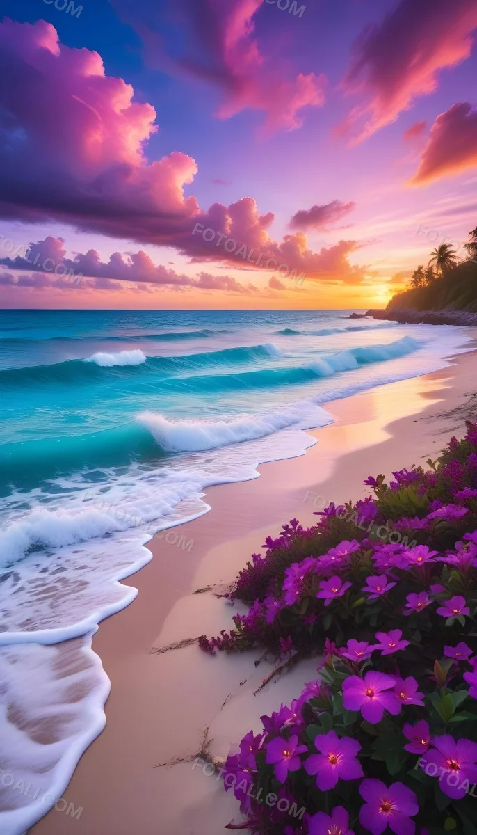 A Tropical Beach With Vibrant Purple Flowers In The Foreground Turquoise Blue Ocean Waves And A Colorful Sunset Sky With Pink And Purple Clouds 7 28de