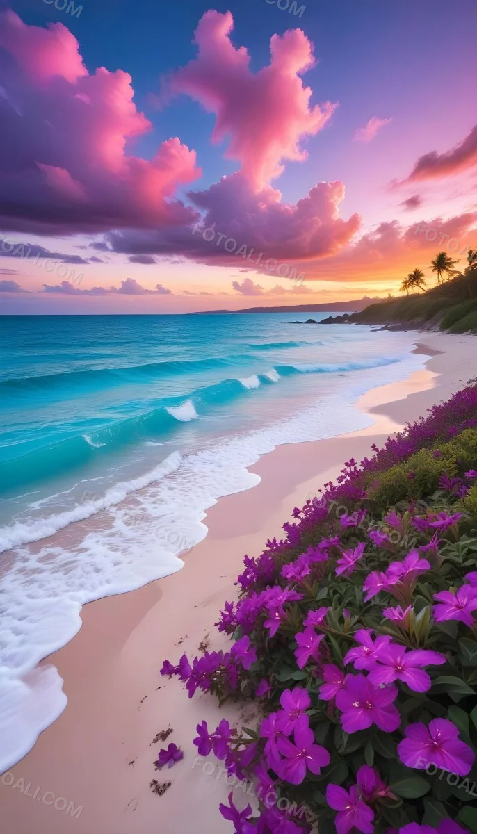A Tropical Beach With Vibrant Purple Flowers In The Foreground Turquoise Blue Ocean Waves And A Colorful Sunset Sky With Pink And Purple Clouds 8 A5f0