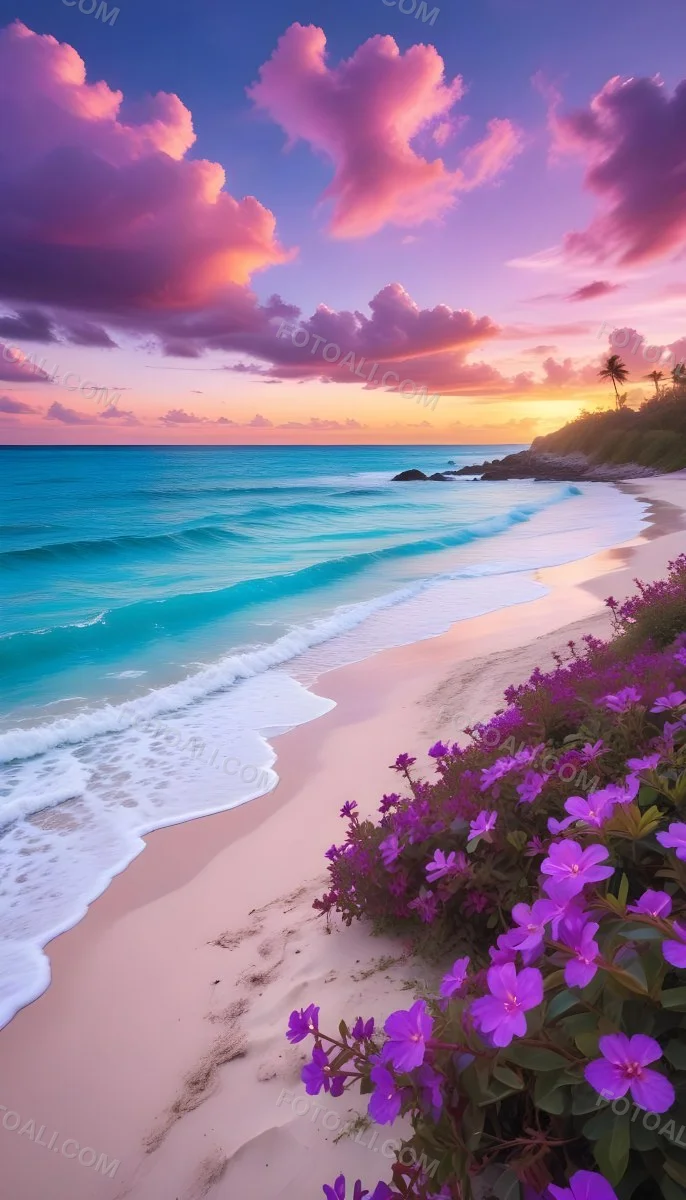 A Tropical Beach With Vibrant Purple Flowers In The Foreground Turquoise Blue Ocean Waves And A Colorful Sunset Sky With Pink And Purple Clouds 9 059f