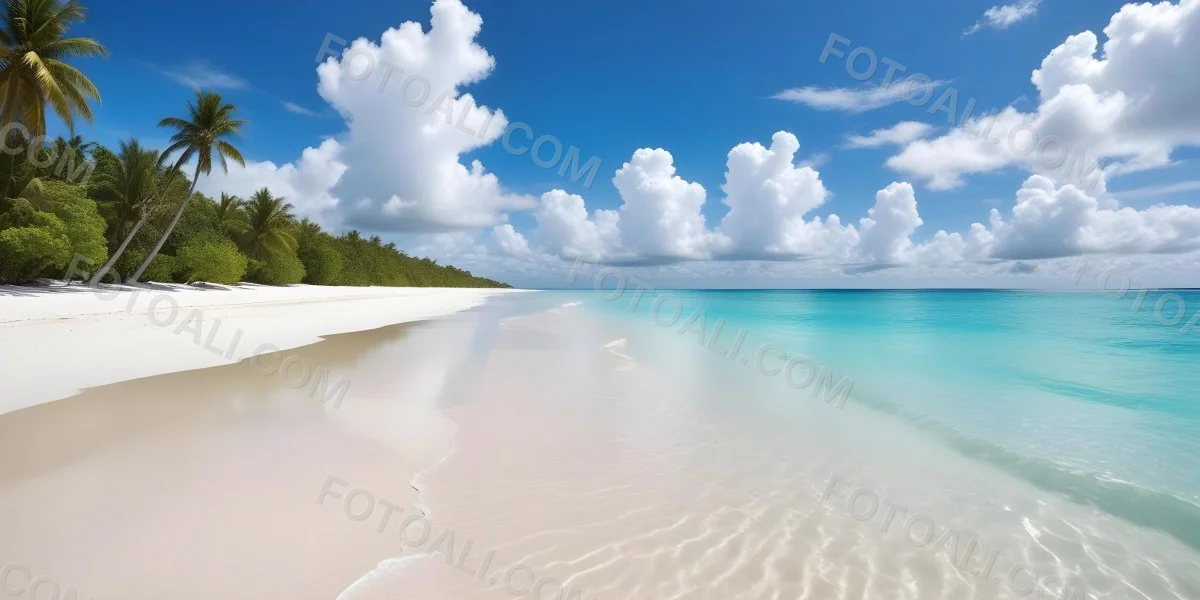 A Tropical Beach With White Sand Turquoise Water And A Clear Blue Sky With Fluffy White Clouds 10 81a6