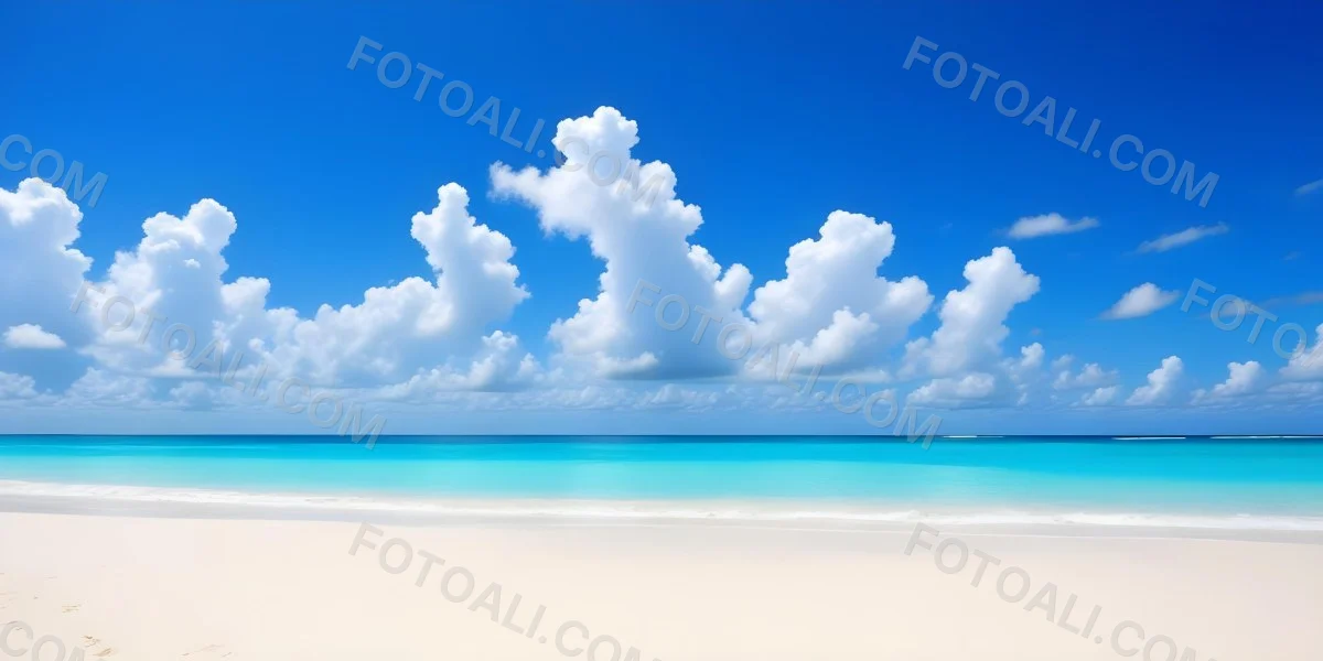 A Tropical Beach With White Sand Turquoise Water And A Clear Blue Sky With Fluffy White Clouds 11 3129