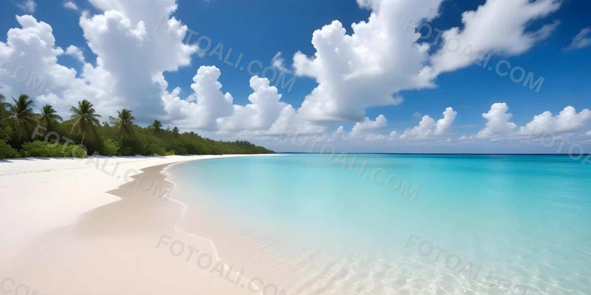A Tropical Beach With White Sand Turquoise Water And A Clear Blue Sky With Fluffy White Clouds 13 0838