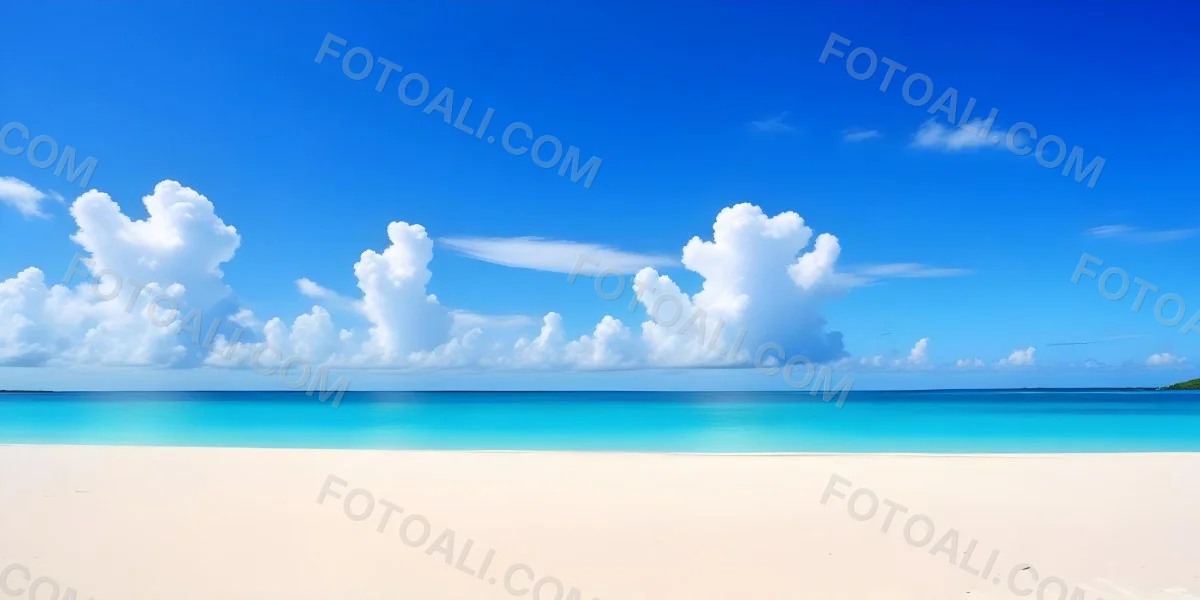 A Tropical Beach With White Sand Turquoise Water And A Clear Blue Sky With Fluffy White Clouds 17 7931
