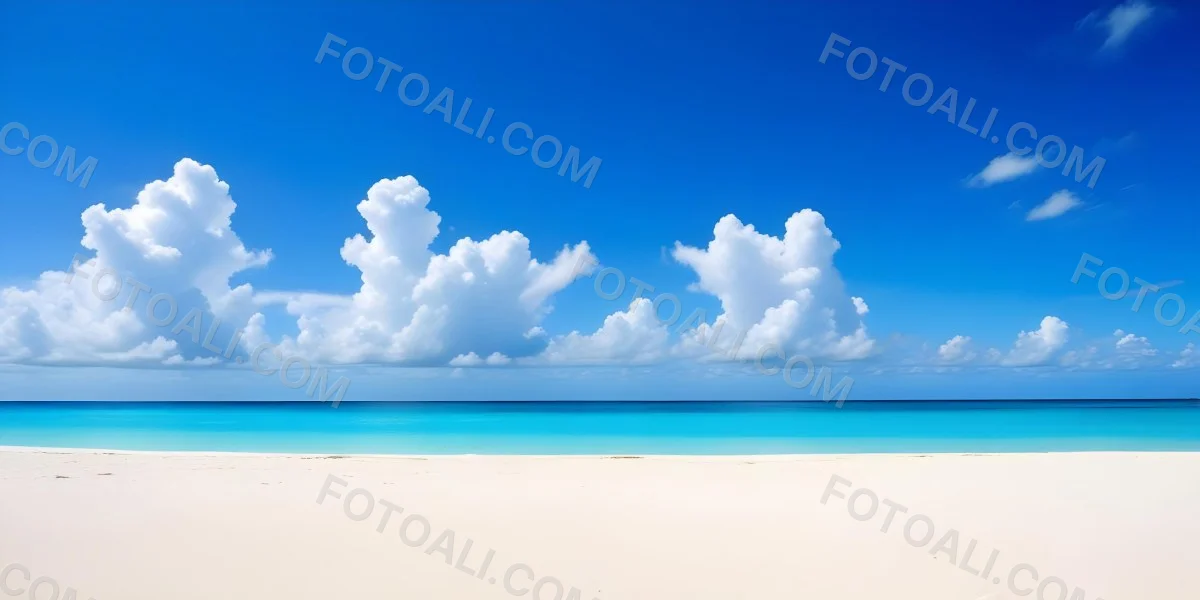 A Tropical Beach With White Sand Turquoise Water And A Clear Blue Sky With Fluffy White Clouds 19 F47a