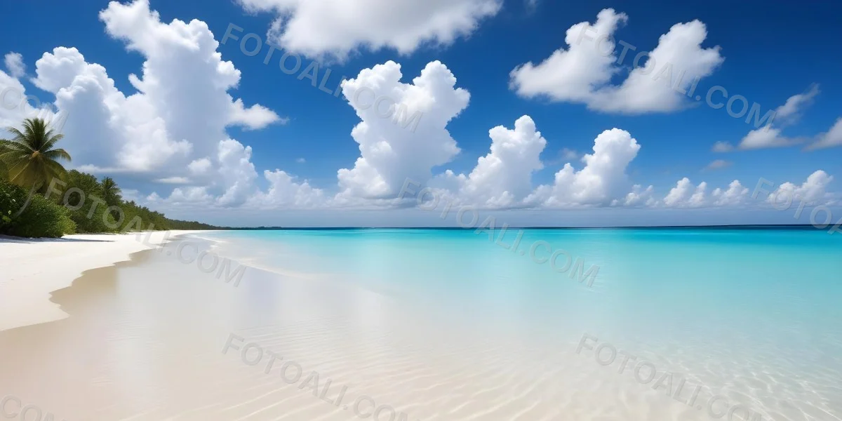 A Tropical Beach With White Sand Turquoise Water And A Clear Blue Sky With Fluffy White Clouds 3 B5a4