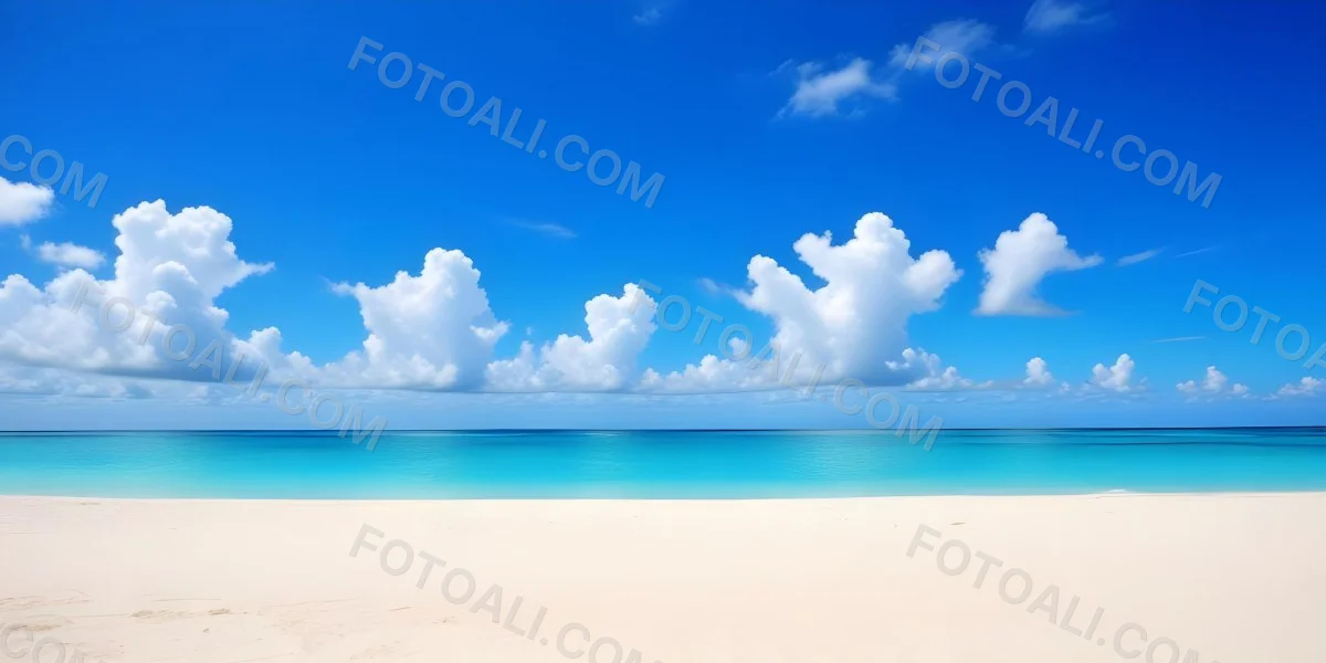 A Tropical Beach With White Sand Turquoise Water And A Clear Blue Sky With Fluffy White Clouds 5 9a7f