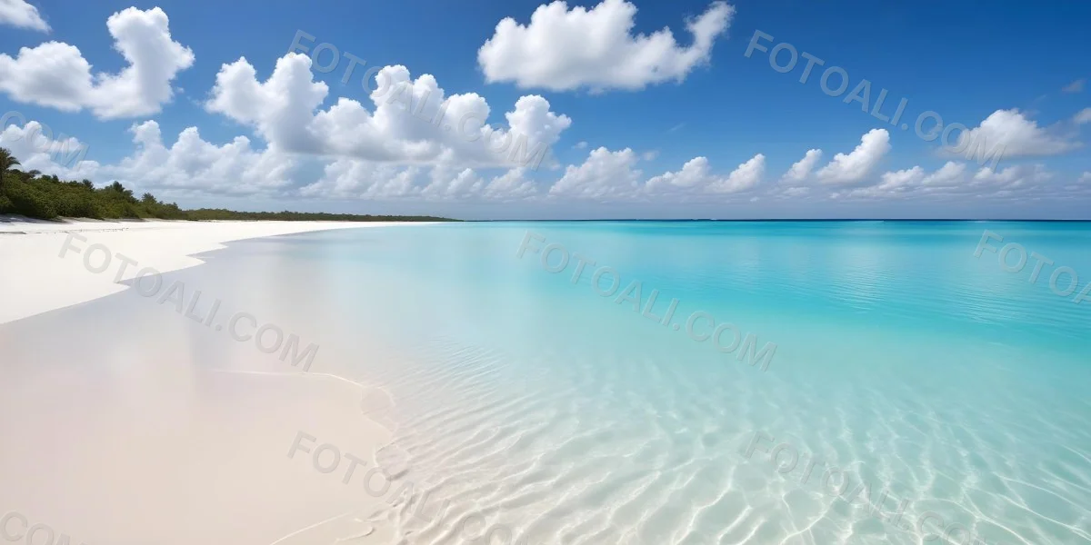 A Tropical Beach With White Sand Turquoise Water And A Clear Blue Sky With Fluffy White Clouds 6 6c0a