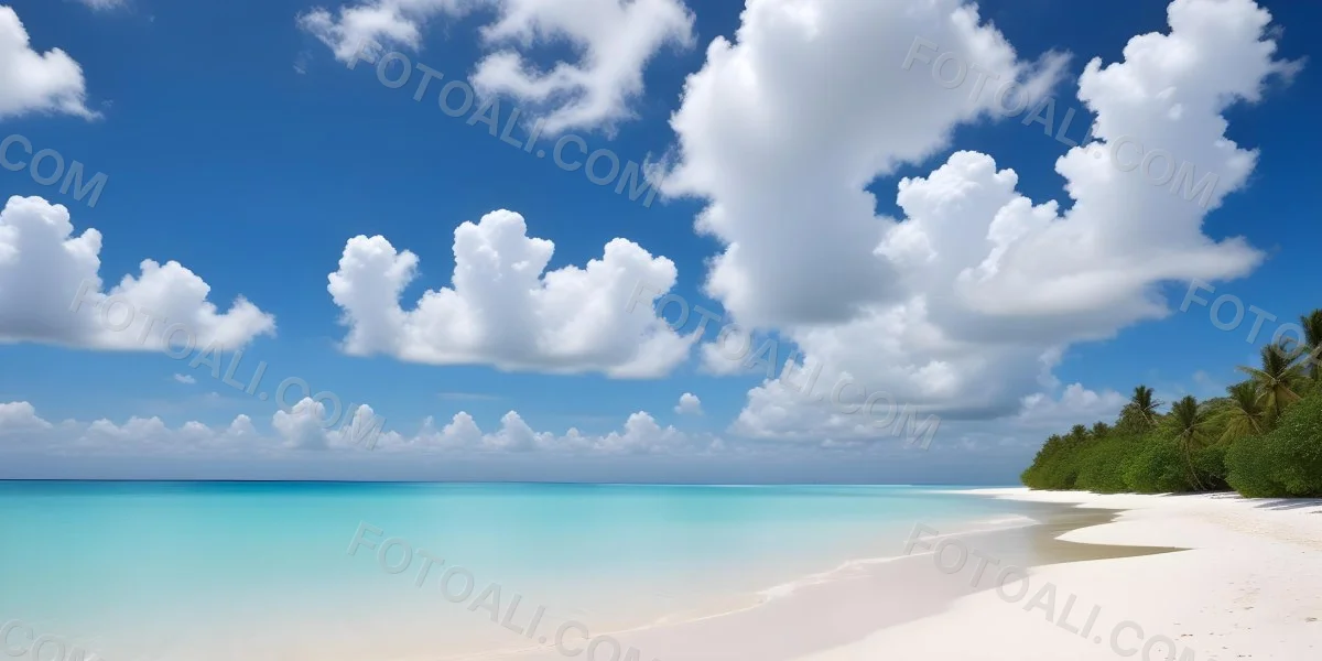 A Tropical Beach With White Sand Turquoise Water And A Clear Blue Sky With Fluffy White Clouds 7 3db5