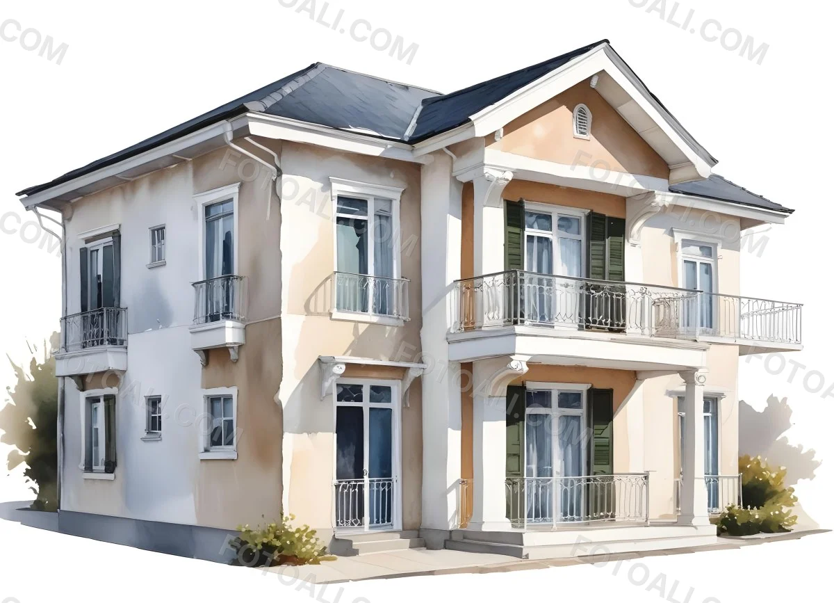 A Two Story House With A White Facade White Windows A Balcony With White Railings And A White Roof Isolated On White Background 13 Bfbc