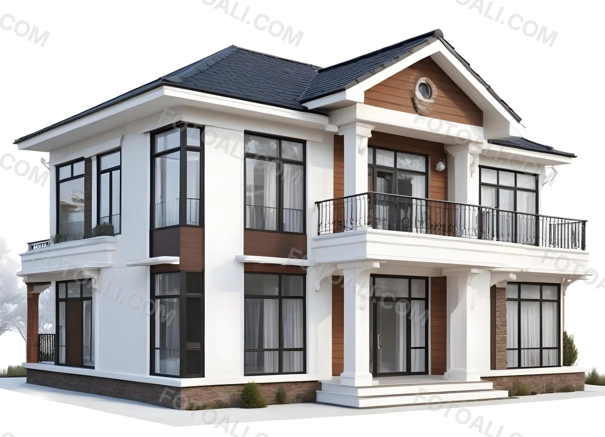 A Two Story House With A White Facade White Windows A Balcony With White Railings And A White Roof Isolated On White Background 34 Ff22
