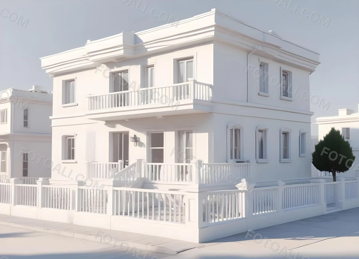 A Two Story House With A White Facade White Windows A Balcony With White Railings And A White Roof Isolated On White Background 39 4d8e