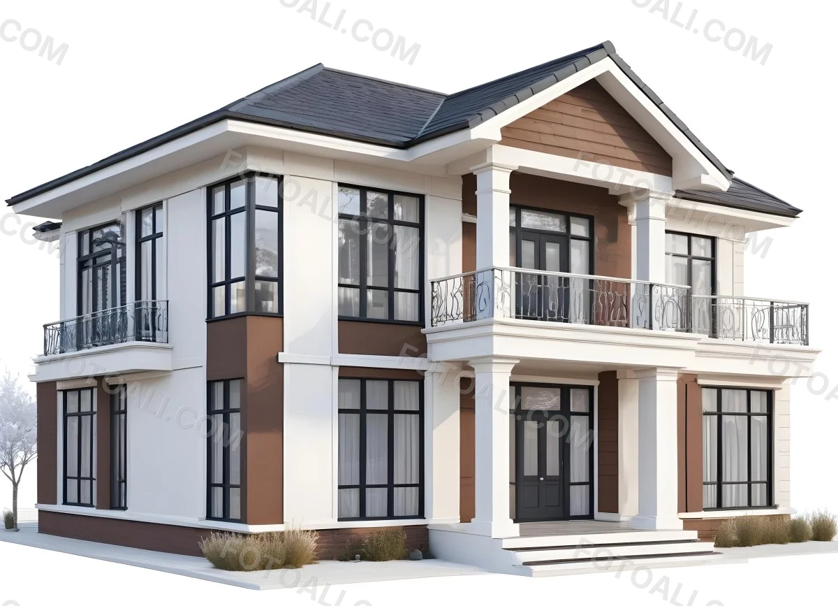 A Two Story House With A White Facade White Windows A Balcony With White Railings And A White Roof Isolated On White Background 40 B226