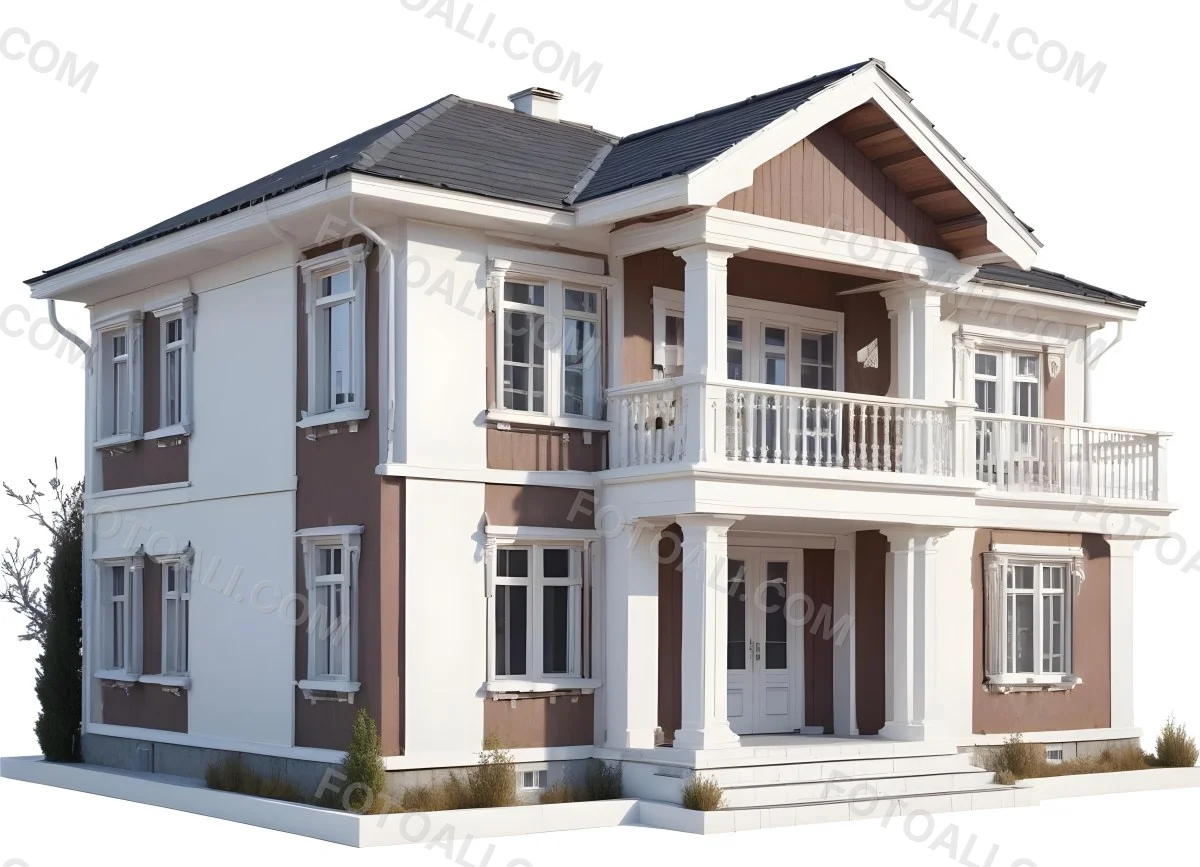 A Two Story House With A White Facade White Windows A Balcony With White Railings And A White Roof Isolated On White Background 42 E14e
