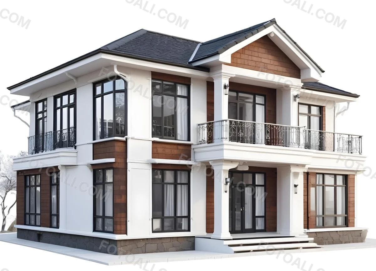 A Two Story House With A White Facade White Windows A Balcony With White Railings And A White Roof Isolated On White Background 44 6558