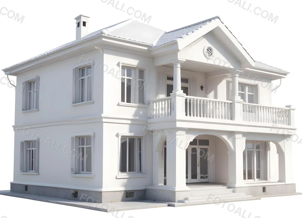 A Two Story House With A White Facade White Windows A Balcony With White Railings And A White Roof Isolated On White Background 46 33ab