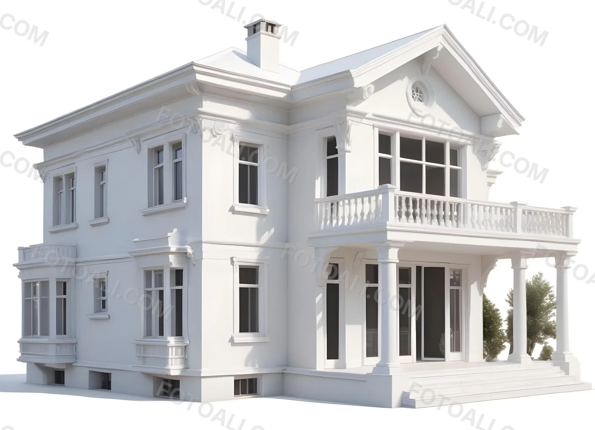 A Two Story House With A White Facade White Windows A Balcony With White Railings And A White Roof Isolated On White Background 47 Fde1