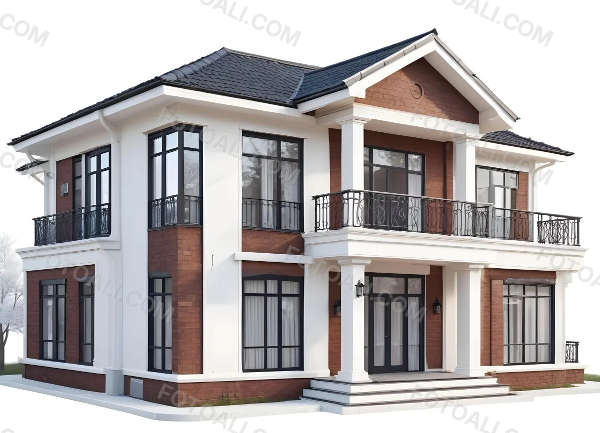 A Two Story House With A White Facade White Windows A Balcony With White Railings And A White Roof Isolated On White Background 48 Da67