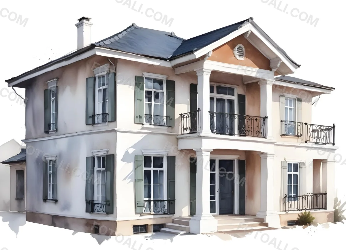 A Two Story House With A White Facade White Windows A Balcony With White Railings And A White Roof Isolated On White Background 5 B504