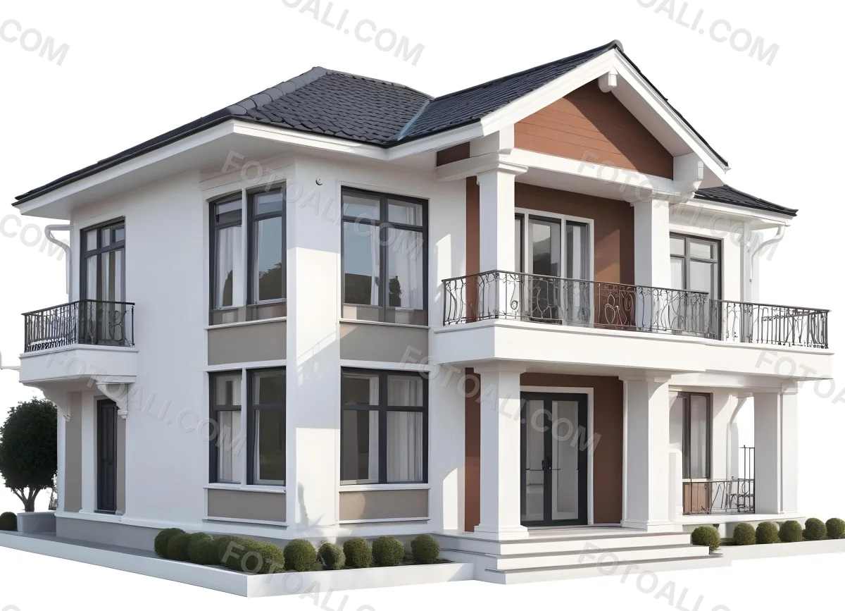 A Two Story House With A White Facade White Windows A Balcony With White Railings And A White Roof Isolated On White Background 50 482a