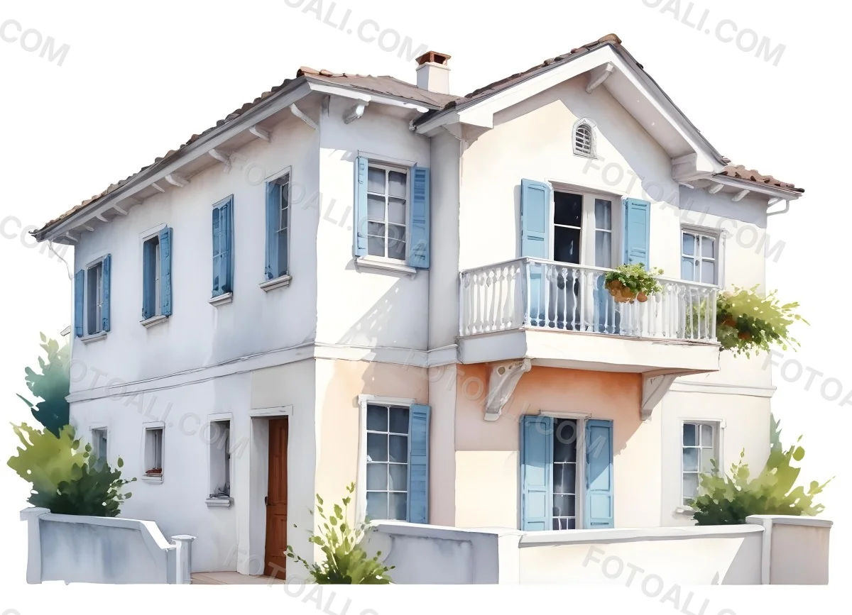 A Two Story House With A White Facade White Windows A Balcony With White Railings And A White Roof Isolated On White Background 6 B1da
