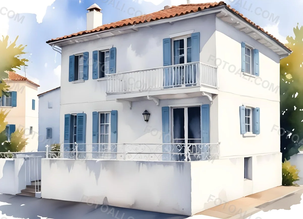 A Two Story House With A White Facade White Windows A Balcony With White Railings And A White Roof Isolated On White Background 7 5498