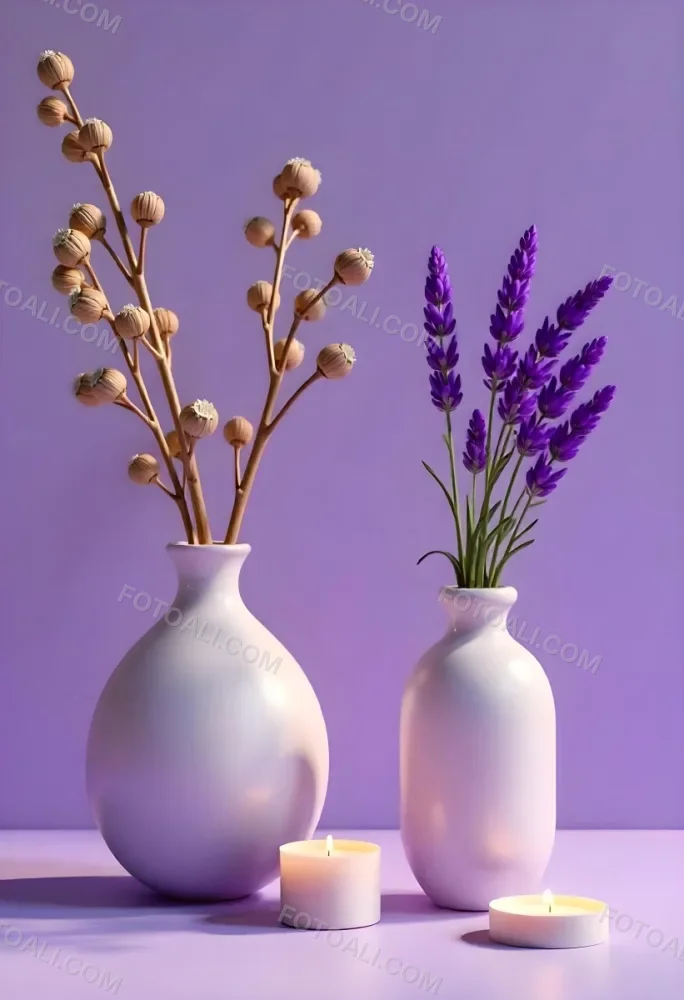 A Vase With Dry Branches And A Candle On The Left A Vase With Lavender On The Right Purple Background 1 335c