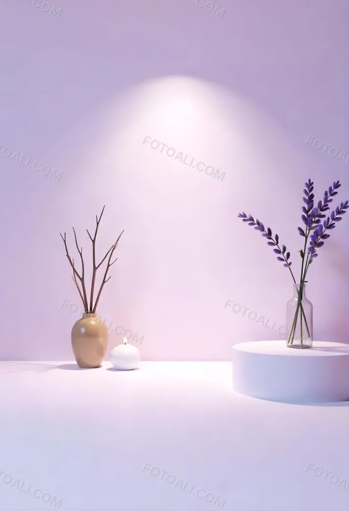 A Vase With Dry Branches And A Candle On The Left A Vase With Lavender On The Right Purple Background 12 6de7