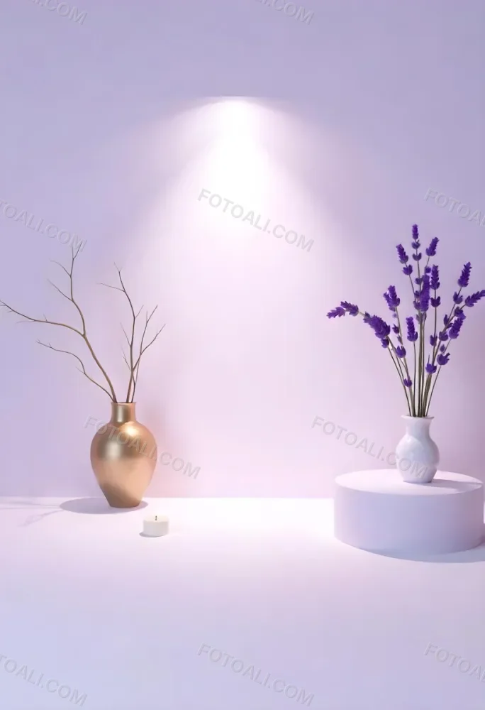A Vase With Dry Branches And A Candle On The Left A Vase With Lavender On The Right Purple Background 14 E554