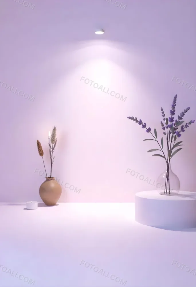 A Vase With Dry Branches And A Candle On The Left A Vase With Lavender On The Right Purple Background 16 57d6