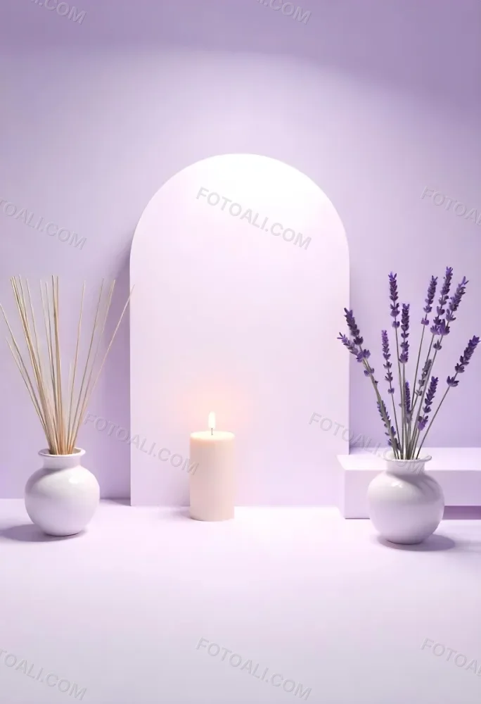 A Vase With Dry Branches And A Candle On The Left A Vase With Lavender On The Right Purple Background 18 97da