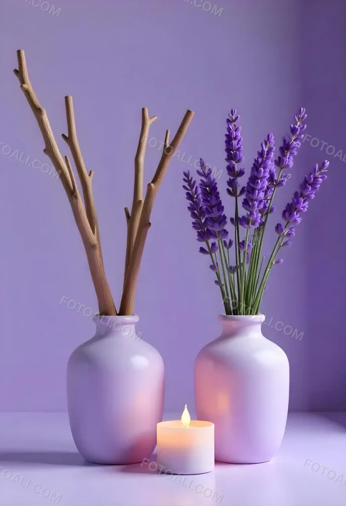 A Vase With Dry Branches And A Candle On The Left A Vase With Lavender On The Right Purple Background 2 06bf