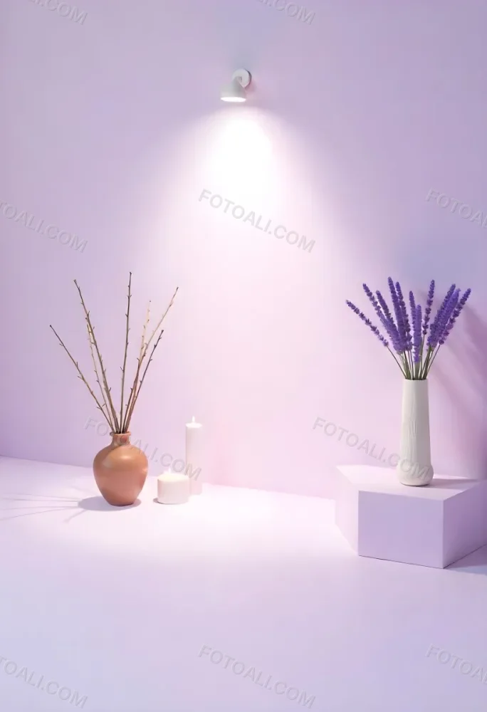 A Vase With Dry Branches And A Candle On The Left A Vase With Lavender On The Right Purple Background 22 8409