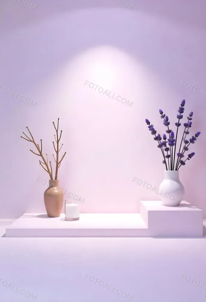 A Vase With Dry Branches And A Candle On The Left A Vase With Lavender On The Right Purple Background 23 24a0