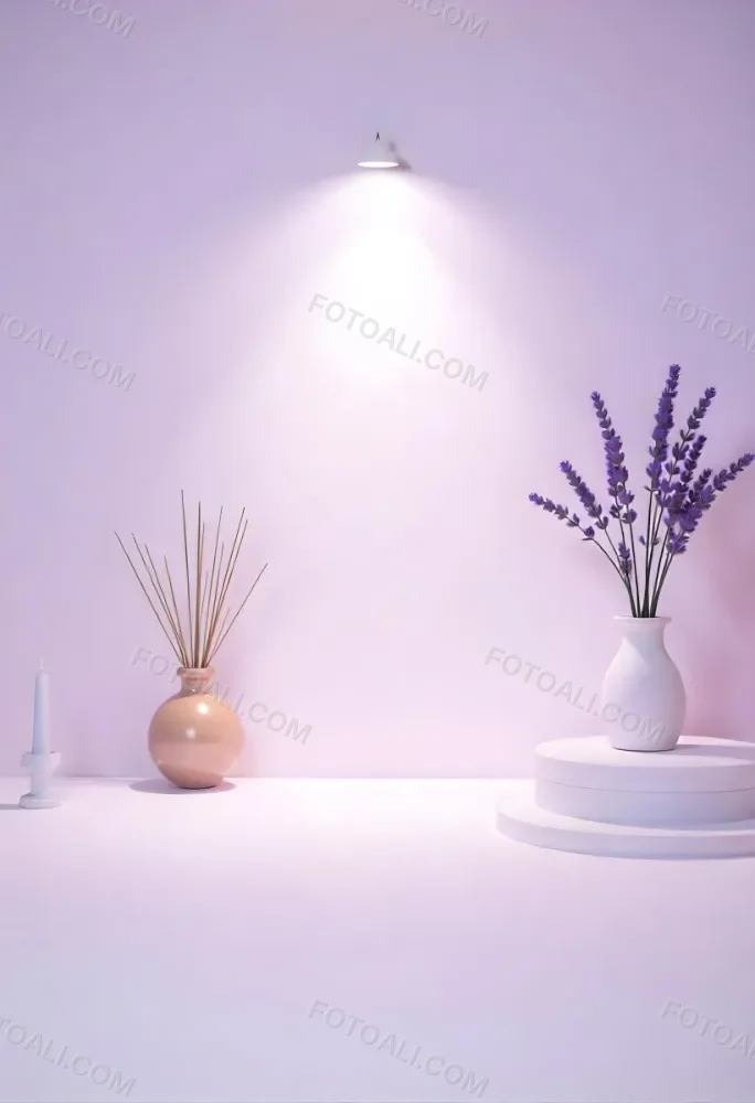 A Vase With Dry Branches And A Candle On The Left A Vase With Lavender On The Right Purple Background 24 417b
