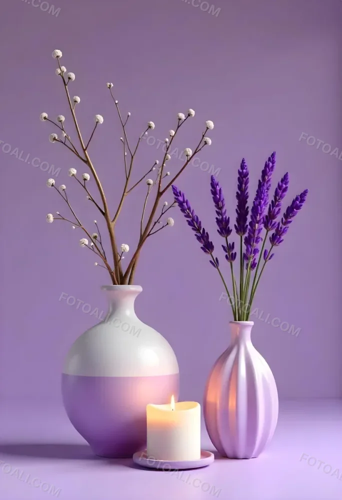 A Vase With Dry Branches And A Candle On The Left A Vase With Lavender On The Right Purple Background 3 3ef3