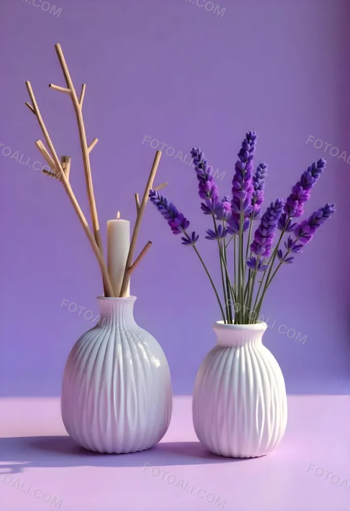 A Vase With Dry Branches And A Candle On The Left A Vase With Lavender On The Right Purple Background 7 62f9
