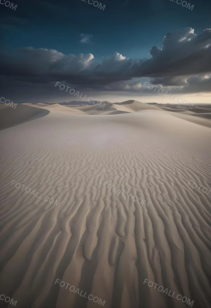 A Vast Desert Landscape With Rippled Sand Dunes Stretching Out Under A Dramatic Cloudy Sky 1 Fe2c