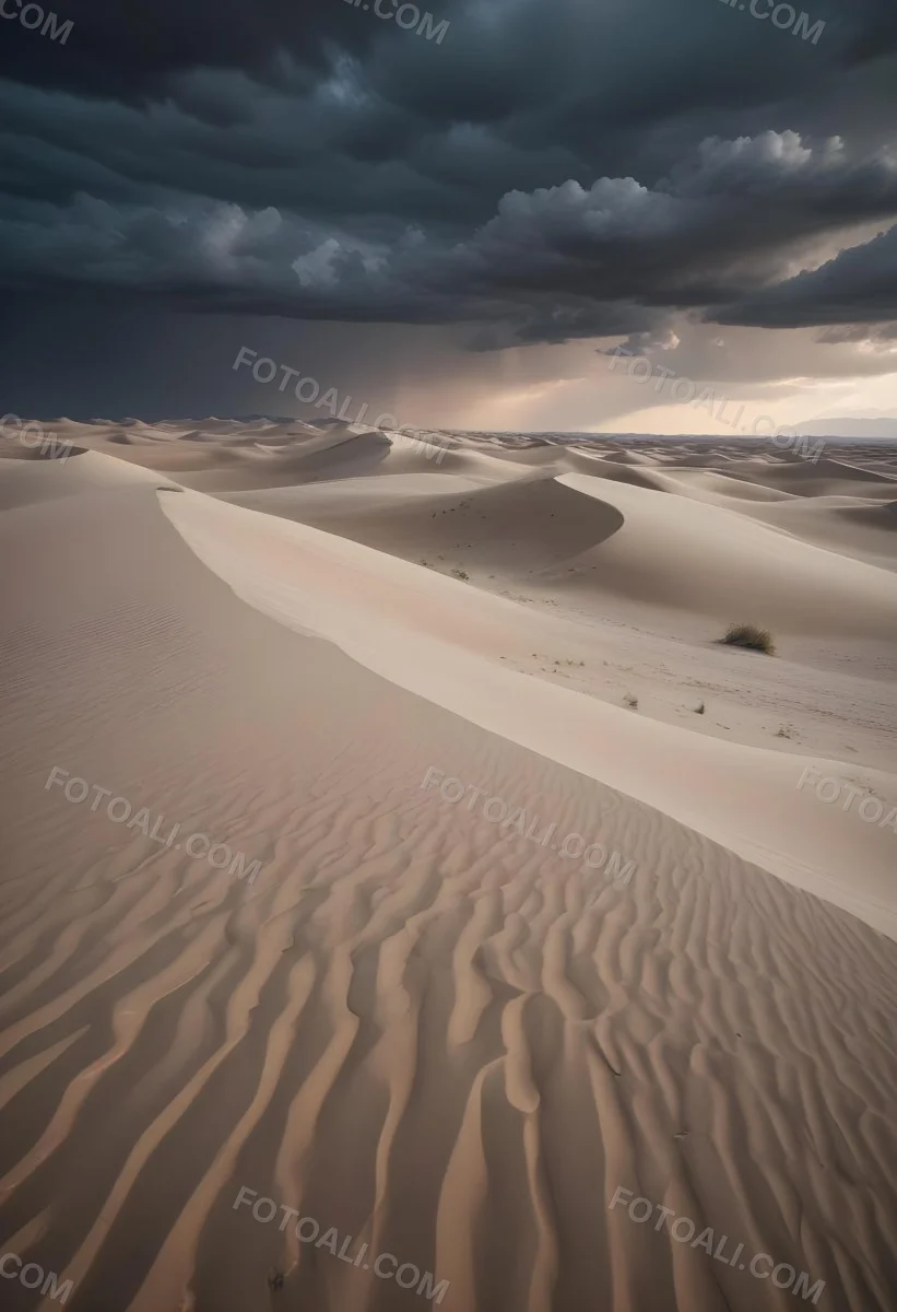 A Vast Desert Landscape With Rippled Sand Dunes Stretching Out Under A Dramatic Cloudy Sky 15 E264