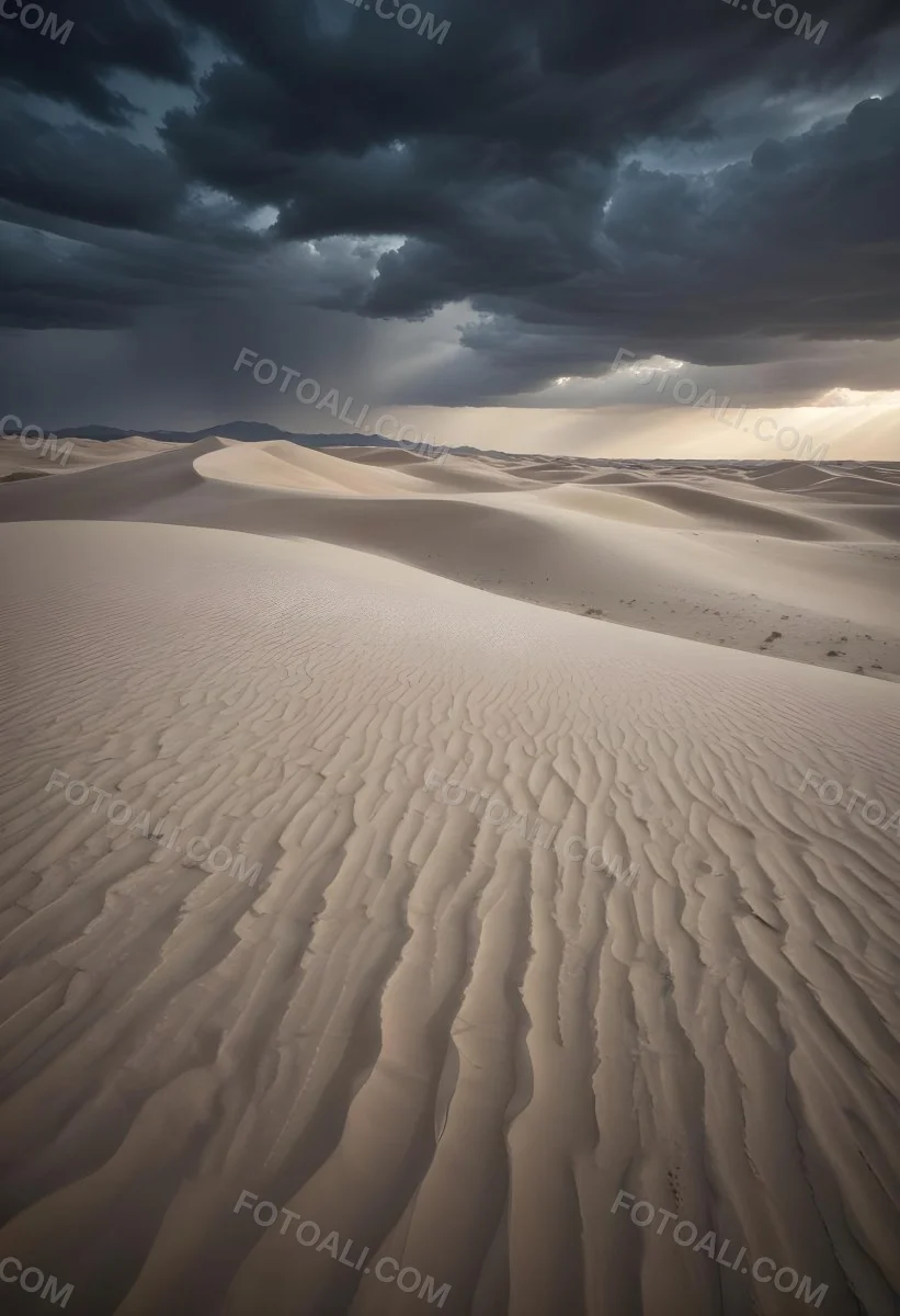 A Vast Desert Landscape With Rippled Sand Dunes Stretching Out Under A Dramatic Cloudy Sky 2 4157