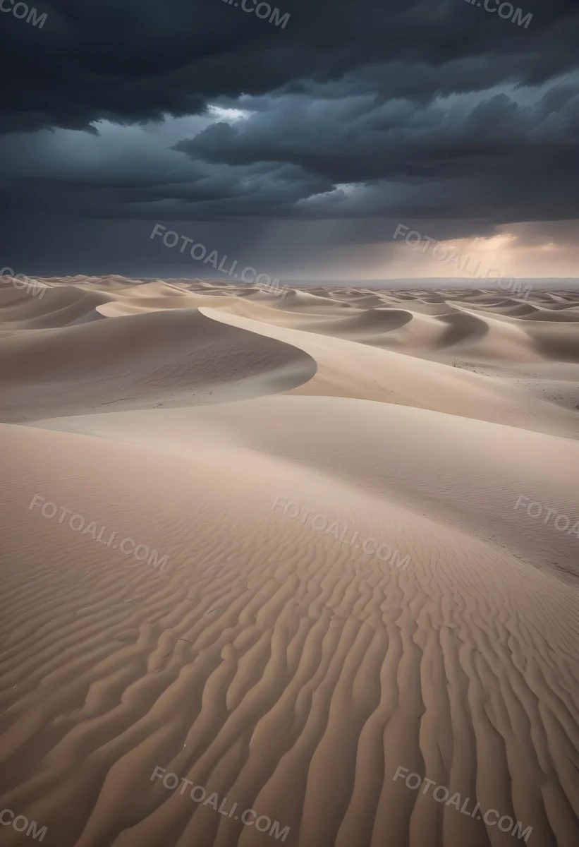 A Vast Desert Landscape With Rippled Sand Dunes Stretching Out Under A Dramatic Cloudy Sky 20 9b79