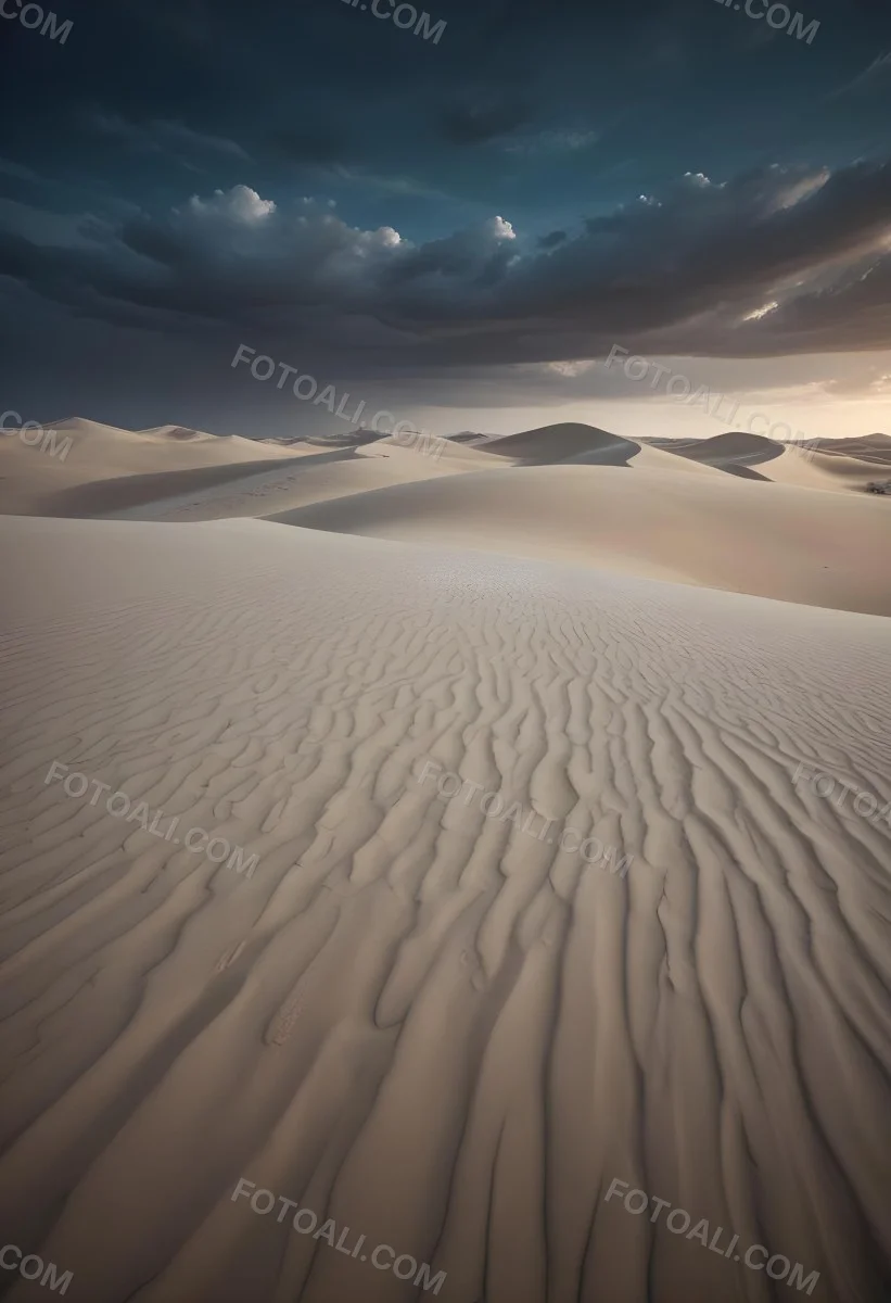 A Vast Desert Landscape With Rippled Sand Dunes Stretching Out Under A Dramatic Cloudy Sky 24 Bda0