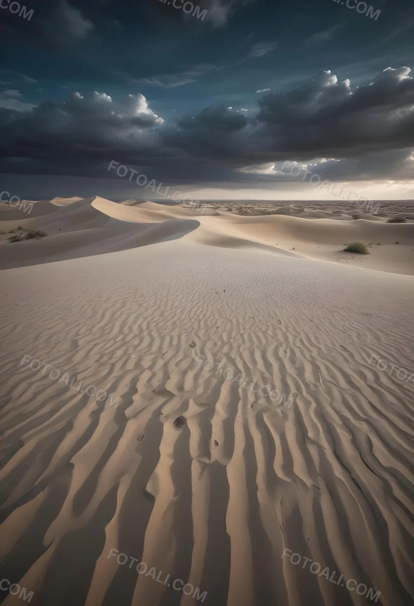 A Vast Desert Landscape With Rippled Sand Dunes Stretching Out Under A Dramatic Cloudy Sky 3 B051