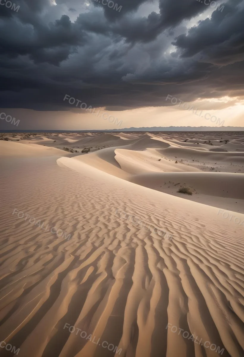 A Vast Desert Landscape With Rippled Sand Dunes Stretching Out Under A Dramatic Cloudy Sky 5 9005